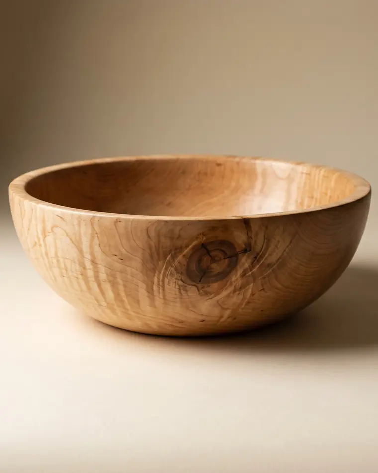 A large hand-turned figured maple salad bowl with a soft oiled sheen and a visible knot, on a warm paper sweep.