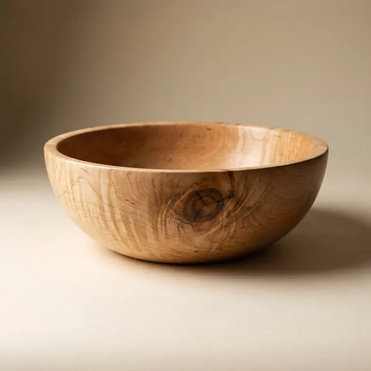 A large hand-turned figured maple salad bowl with a soft oiled sheen and a visible knot, on a warm paper sweep — upper detail.