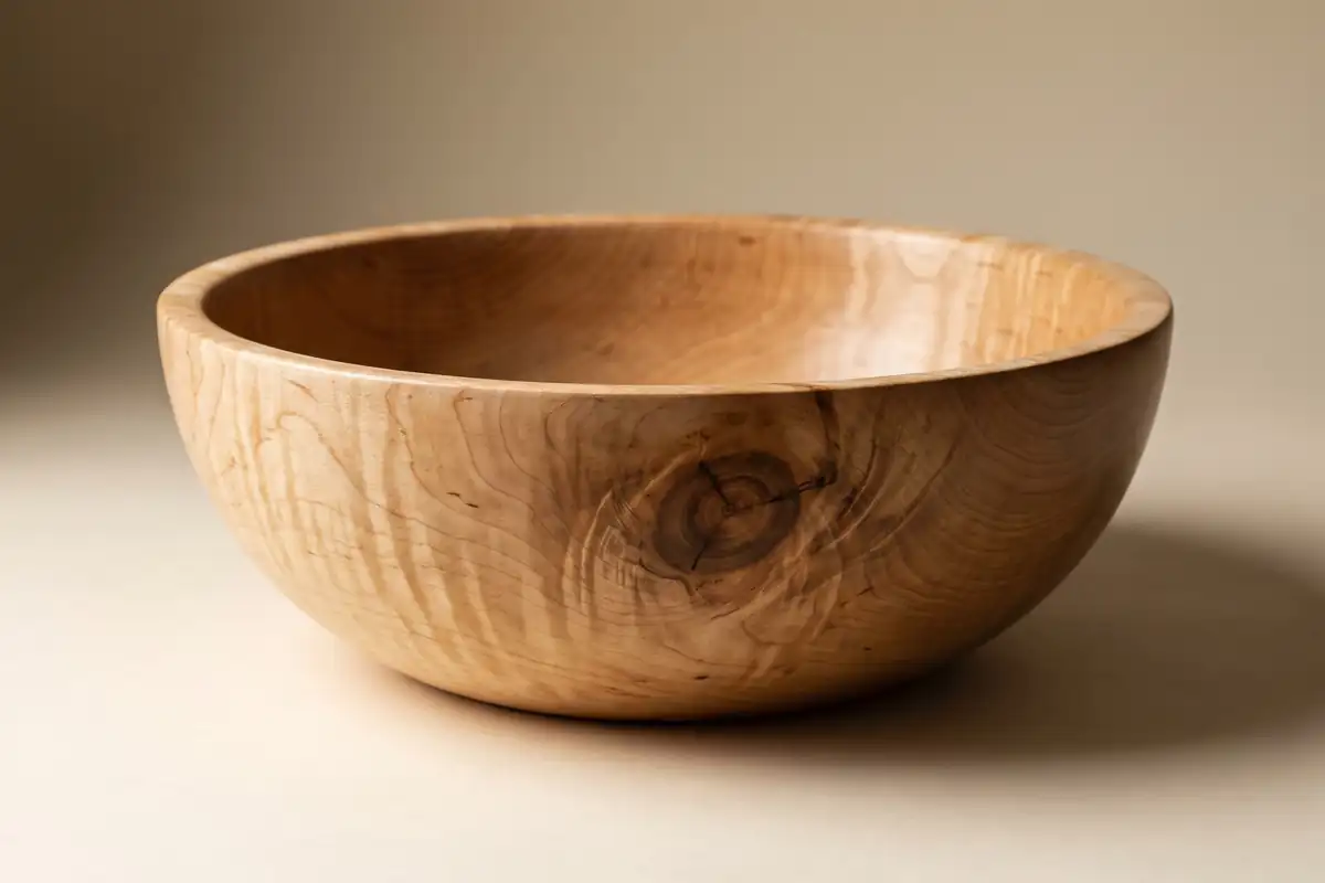 A large hand-turned figured maple salad bowl with a soft oiled sheen and a visible knot, on a warm paper sweep — full width on the paper sweep.