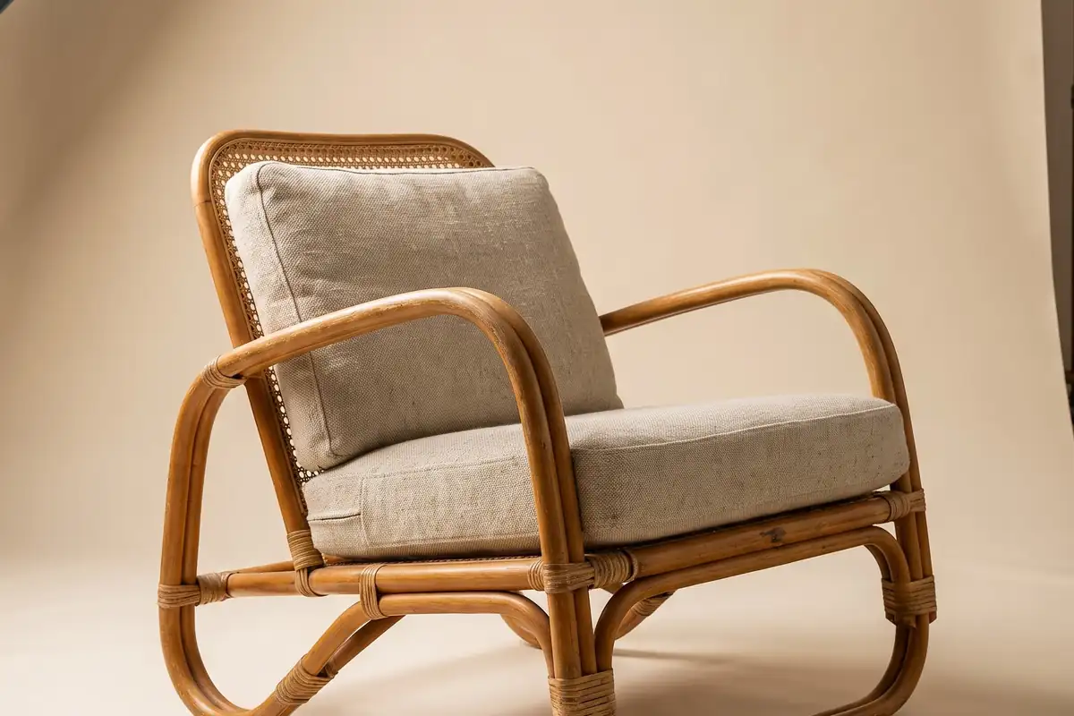 A bentwood rattan and cane lounge chair with a loose oatmeal linen cushion on a warm paper sweep — full width on the paper sweep.