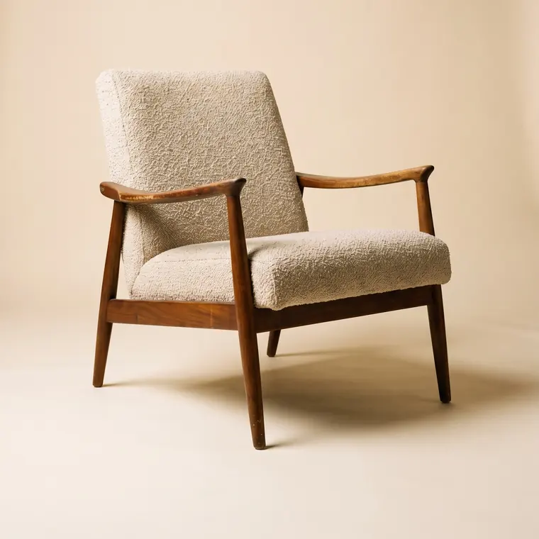 A mid-century lounge chair with an oiled walnut frame and oatmeal bouclé upholstery on a warm paper sweep — lower detail, showing the foot and the shadow.