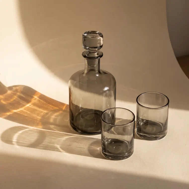 A close view of two heavy smoke grey hand-blown tumblers on a warm paper sweep — lower detail, showing the foot and the shadow.