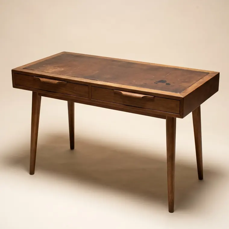 A small mid-century walnut writing desk with two slim drawers and a worn leather top on a warm paper sweep — upper detail.