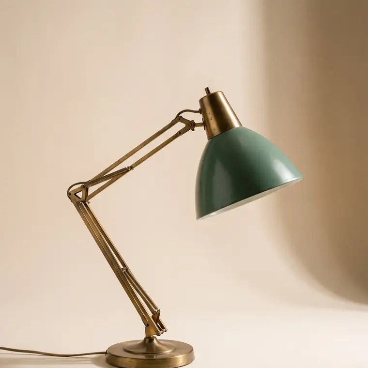 A mid-century articulated desk lamp with a patinated brass arm and a deep sage enamel shade on a warm paper sweep — upper detail.