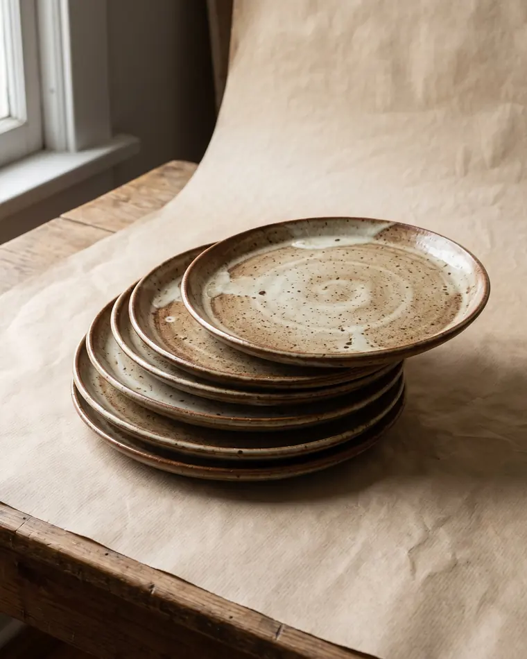 A stack of six mottled iron-and-bone glazed stoneware dinner plates, rims fanned out, on a warm paper sweep.