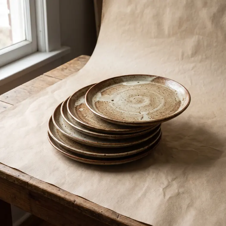A stack of six mottled iron-and-bone glazed stoneware dinner plates, rims fanned out, on a warm paper sweep — upper detail.