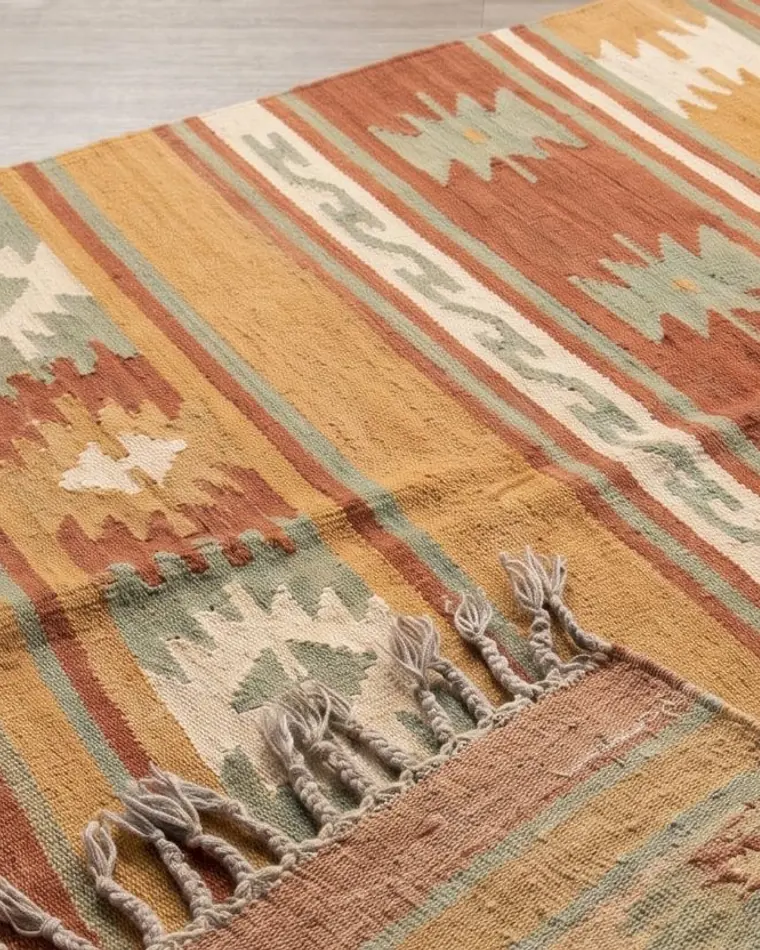 A close view of a handwoven wool flatweave runner in ochre with rust and sage banding.