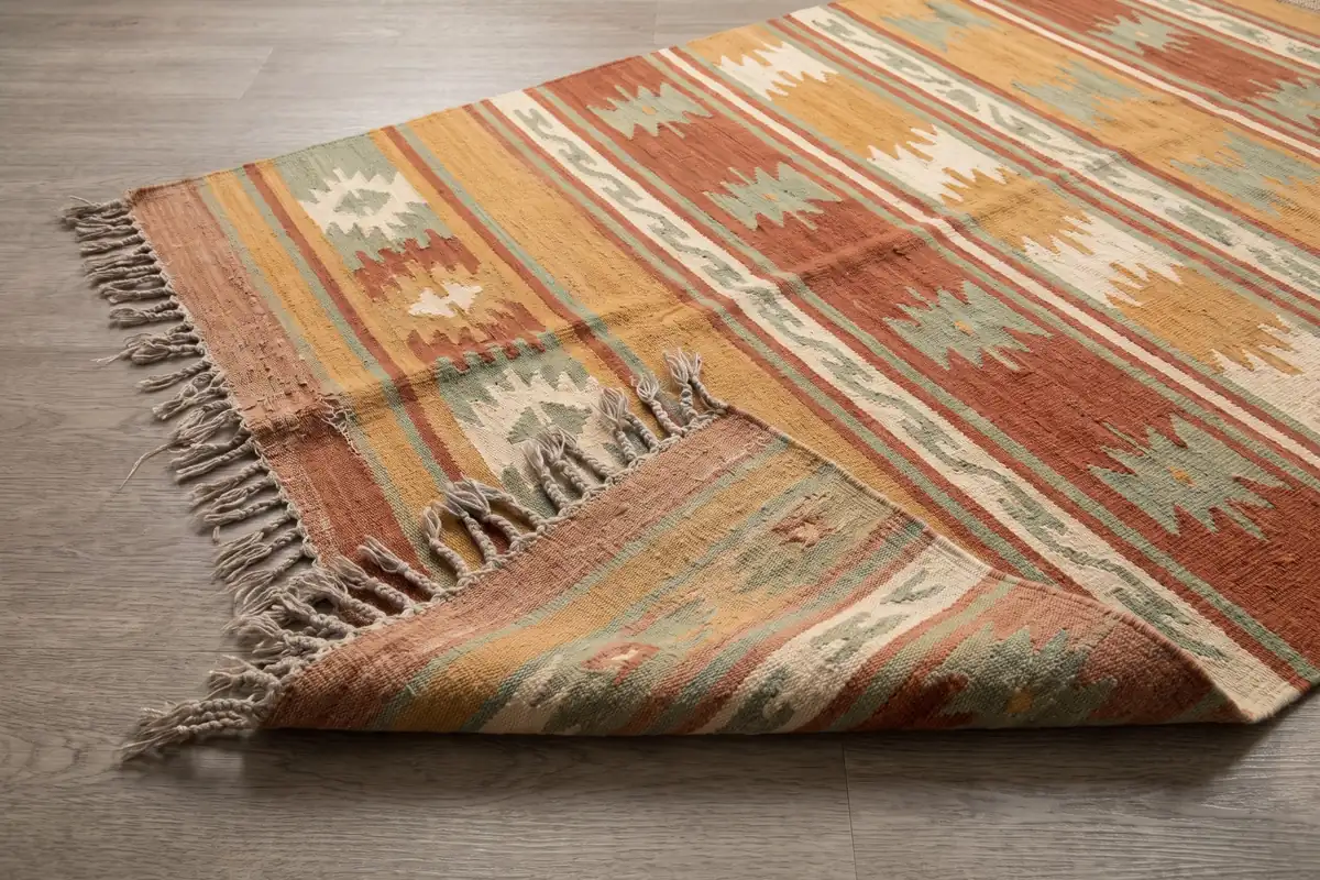 A close view of a handwoven wool flatweave runner in ochre with rust and sage banding — full width on the paper sweep.