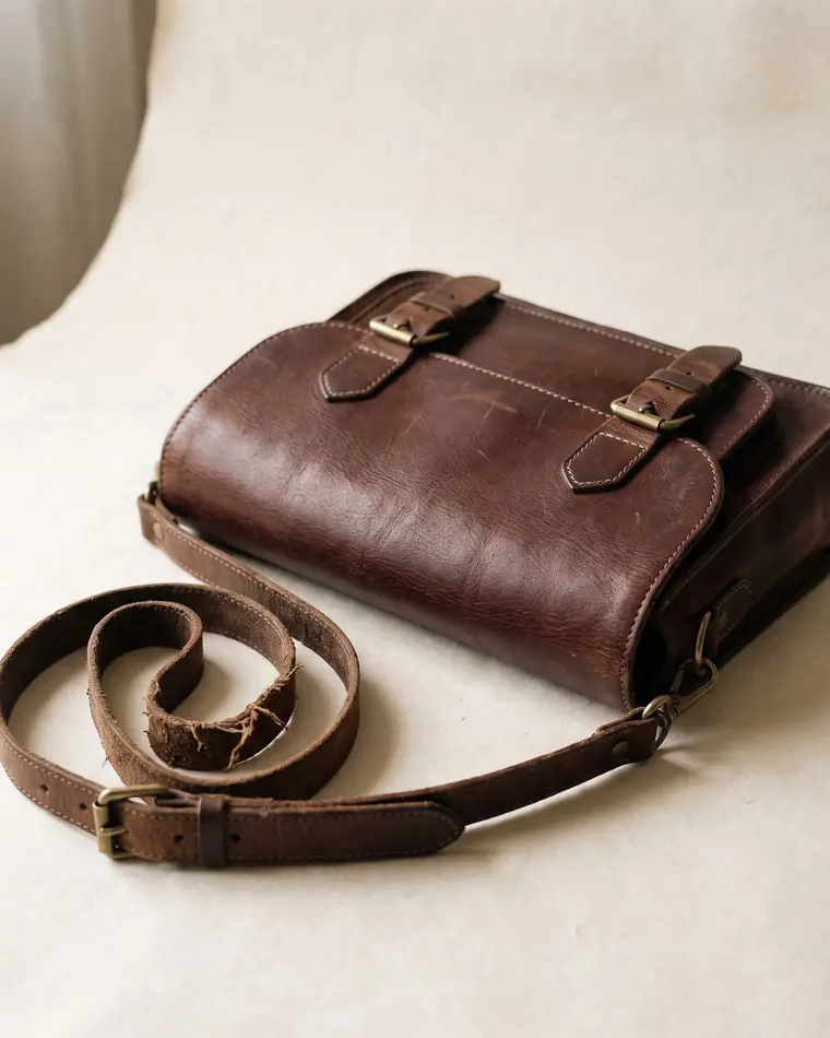 A hand-stitched chestnut leather satchel with brass buckles and a coiled shoulder strap on warm paper.