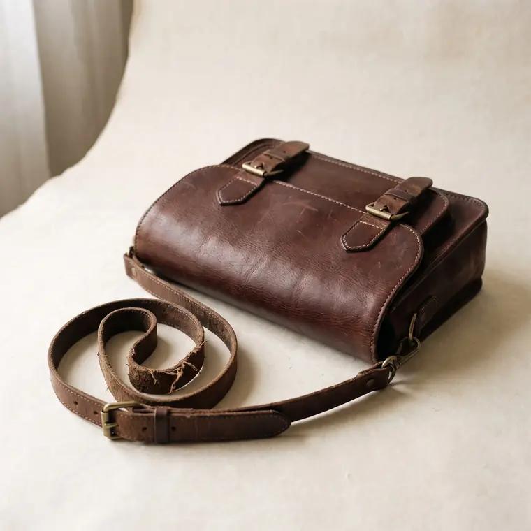 A close view of a chestnut hand-stitched leather document folio on warm paper — lower detail, showing the foot and the shadow.