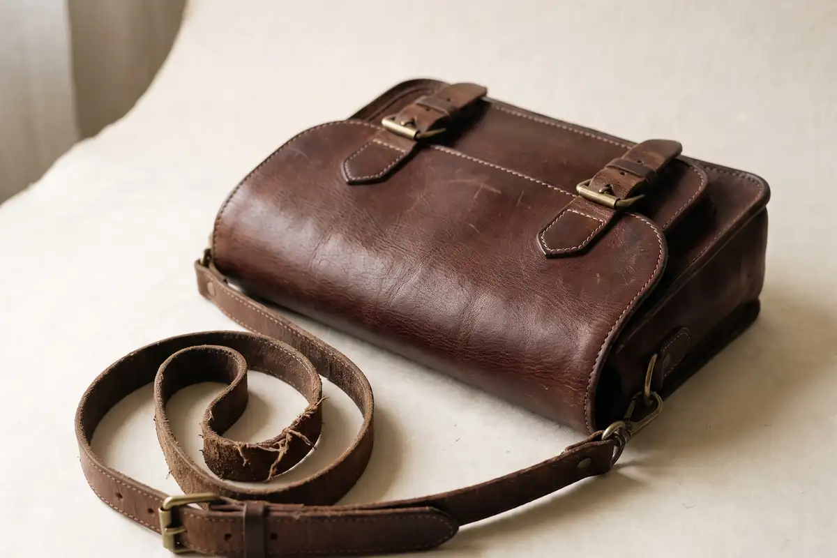A close view of a chestnut hand-stitched leather document folio on warm paper — full width on the paper sweep.