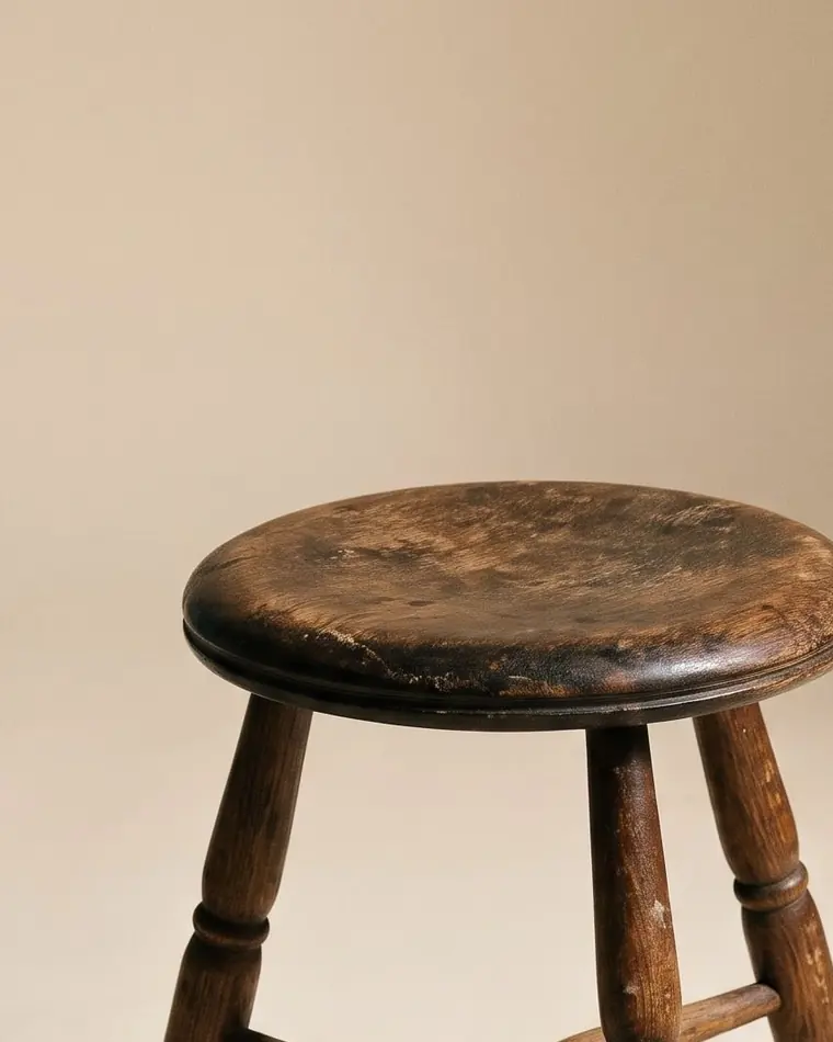 A close view of a low turned oak stool with a worn seat on a warm paper sweep.
