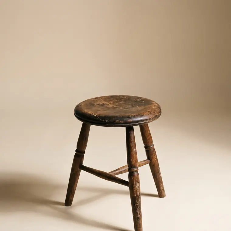 A small three-legged turned oak stool with a worn dished seat on a warm paper sweep — upper detail.