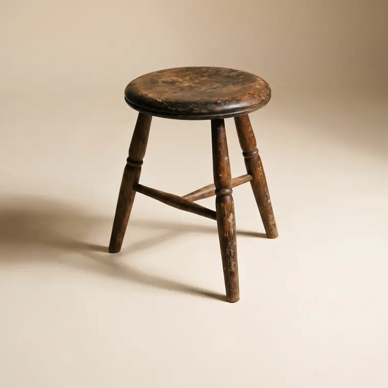 A small three-legged turned oak stool with a worn dished seat on a warm paper sweep — lower detail, showing the foot and the shadow.