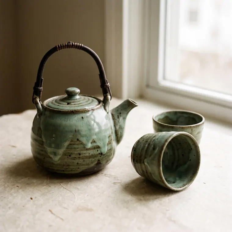 A round speckled celadon stoneware teapot with a bound cane handle, on a warm paper sweep — lower detail, showing the foot and the shadow.