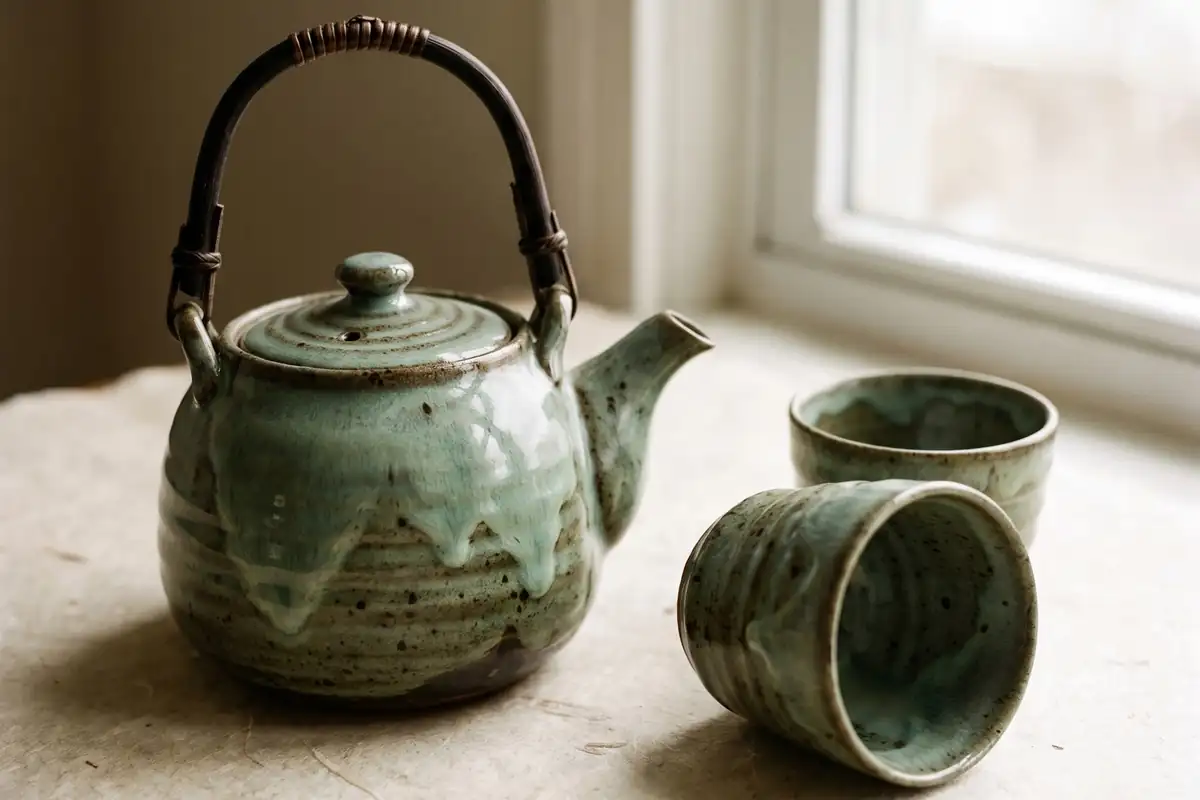 A round speckled celadon stoneware teapot with a bound cane handle, on a warm paper sweep — full width on the paper sweep.