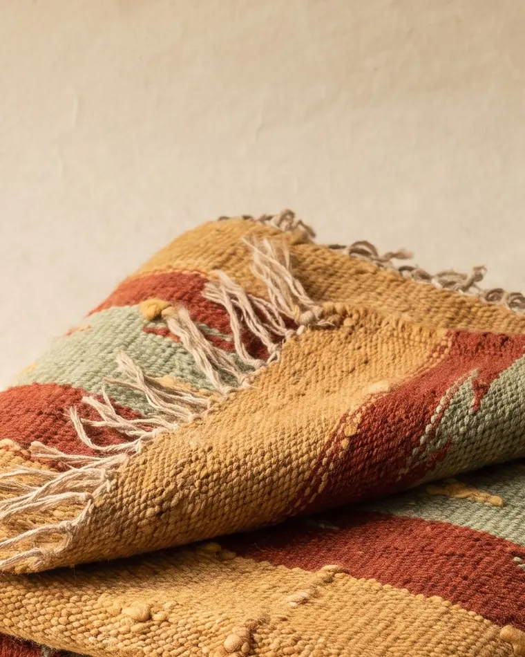 A close view of handwoven wool yardage in sage and bone showing the weave structure and slubs.