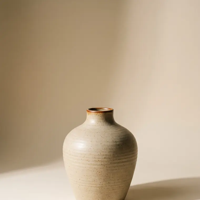 A tall thrown stoneware vase in iron slip over a bone body, close-up on a warm paper sweep — upper detail.