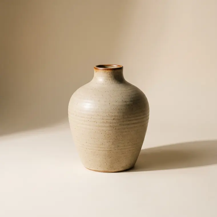 A tall thrown stoneware vase in iron slip over a bone body, close-up on a warm paper sweep — lower detail, showing the foot and the shadow.