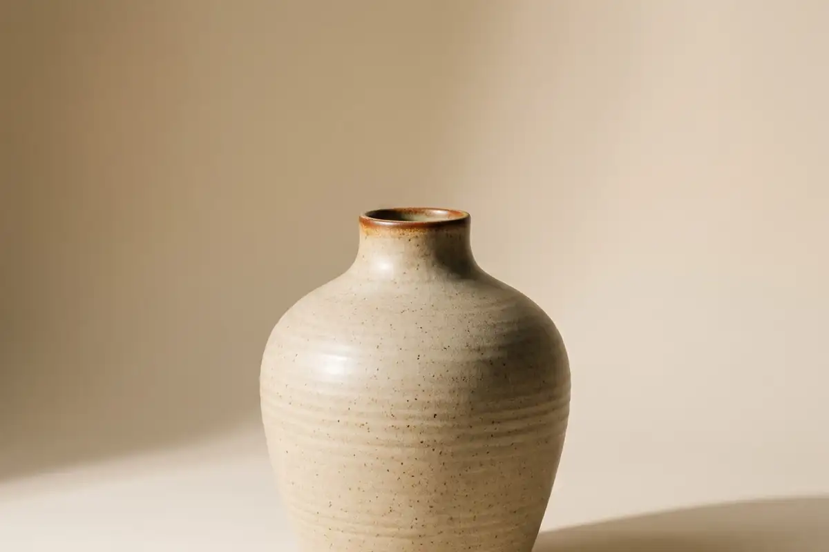 A tall thrown stoneware vase in iron slip over a bone body, close-up on a warm paper sweep — full width on the paper sweep.