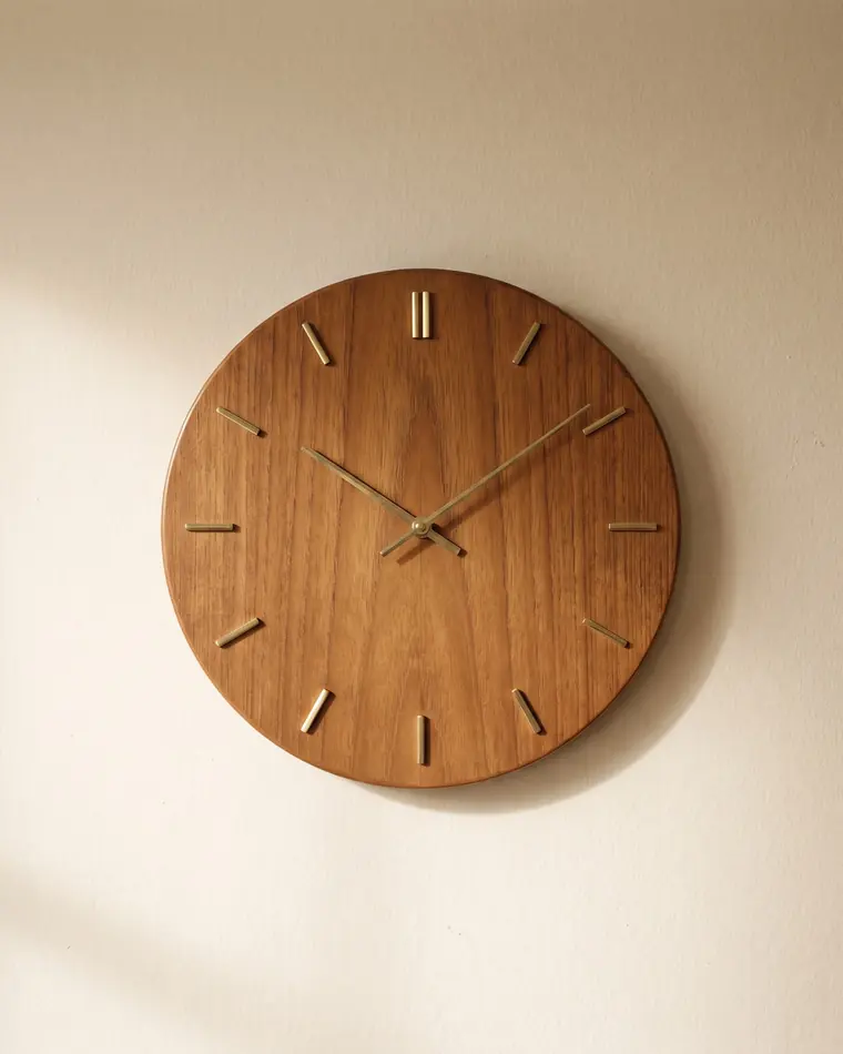 A plain round teak wall clock with slim brass hands and brass hour markers against a warm paper backdrop.