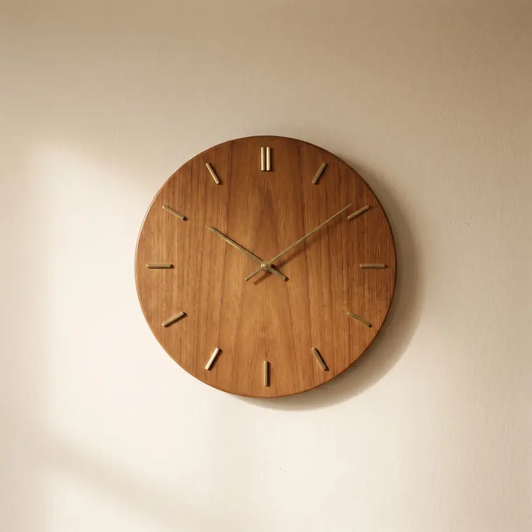 A plain round teak wall clock with slim brass hands and brass hour markers against a warm paper backdrop — upper detail.