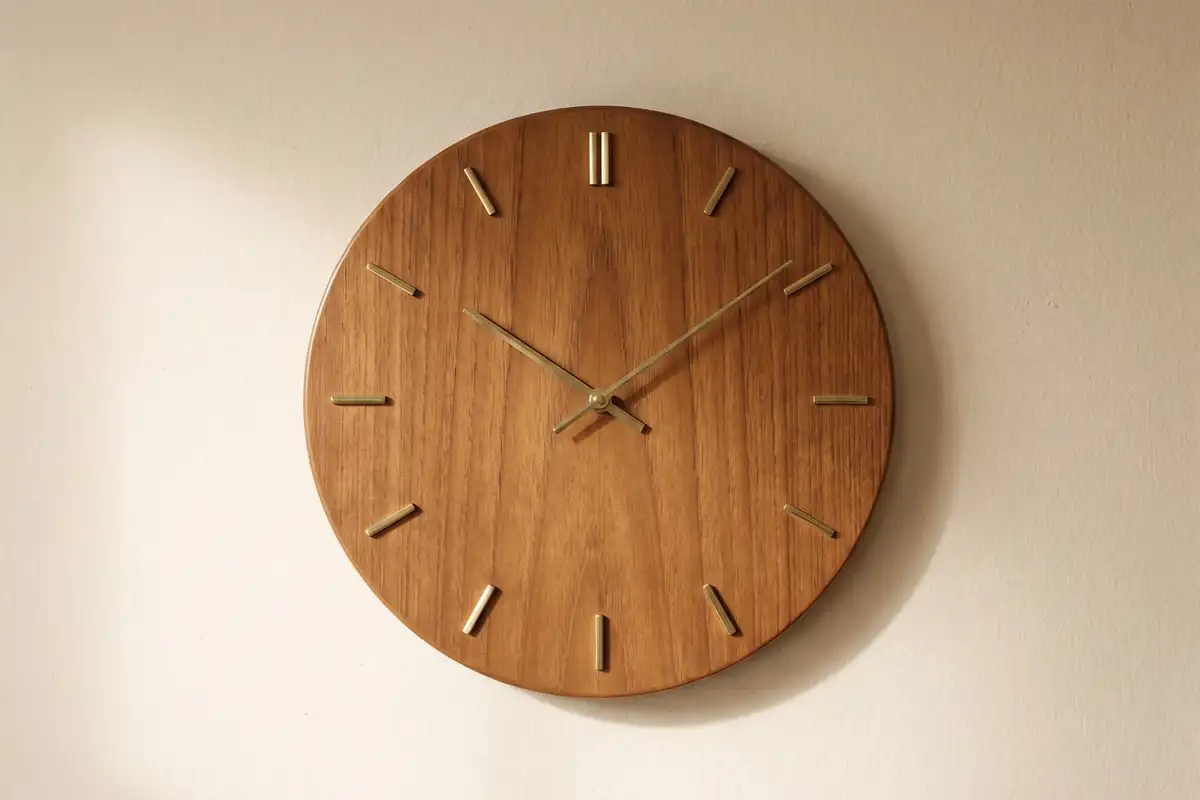 A plain round teak wall clock with slim brass hands and brass hour markers against a warm paper backdrop — full width on the paper sweep.