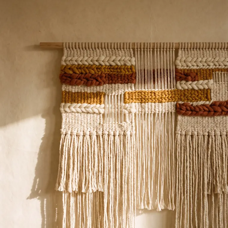 A handwoven wall hanging in undyed wool with ochre and rust bands and long knotted fringe on an oak dowel — upper detail.