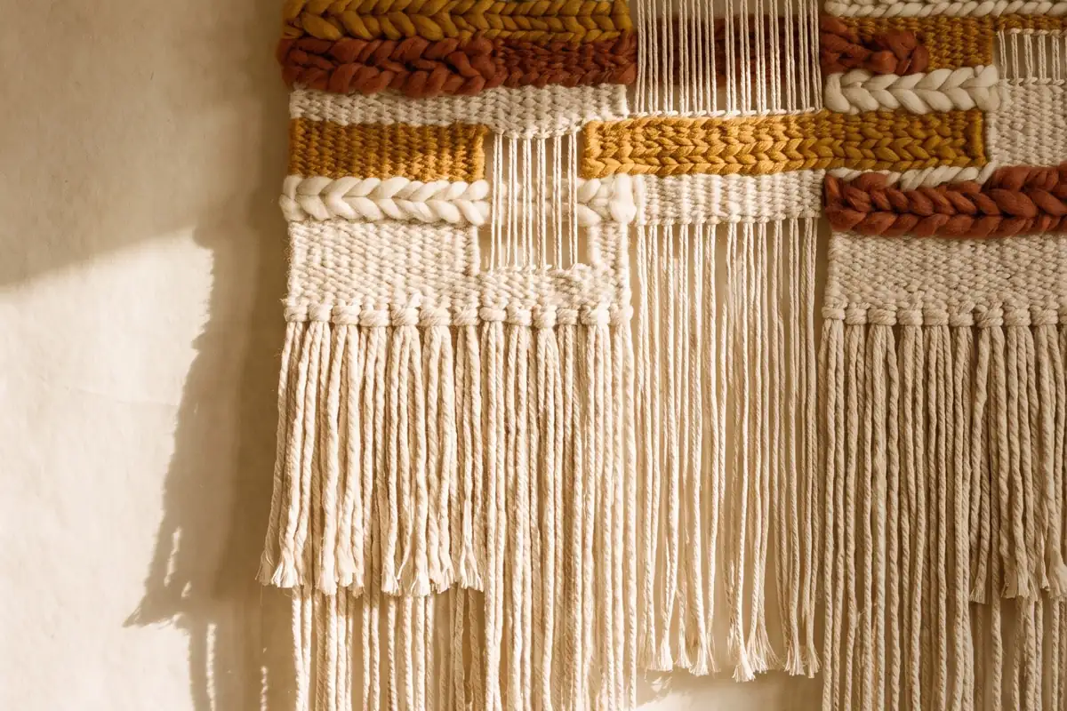 A handwoven wall hanging in undyed wool with ochre and rust bands and long knotted fringe on an oak dowel — full width on the paper sweep.