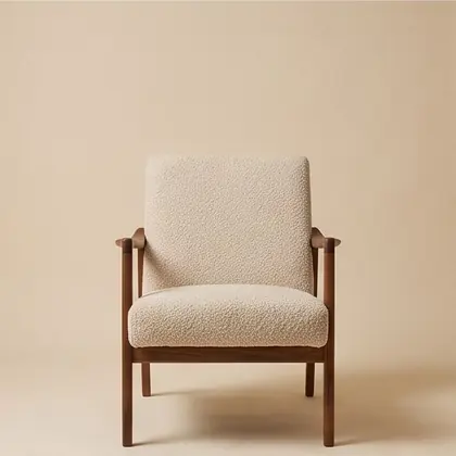 Walnut-framed lounge chair in oatmeal bouclé, rotated 0 degrees.