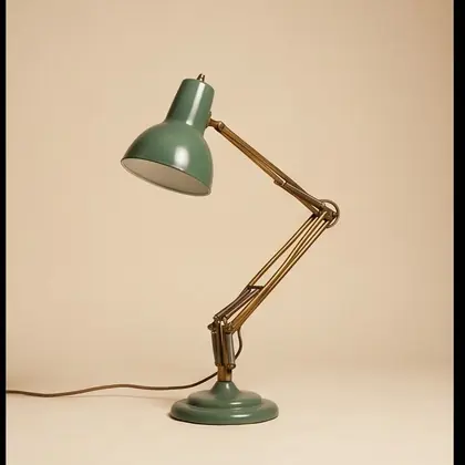 Brass and sage enamel articulated desk lamp, rotated 135 degrees.