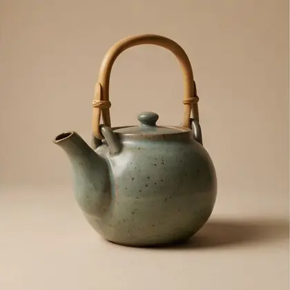 Celadon teapot with bound cane handle, rotated 45 degrees.