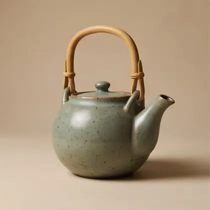 Celadon teapot with bound cane handle, rotated 135 degrees.
